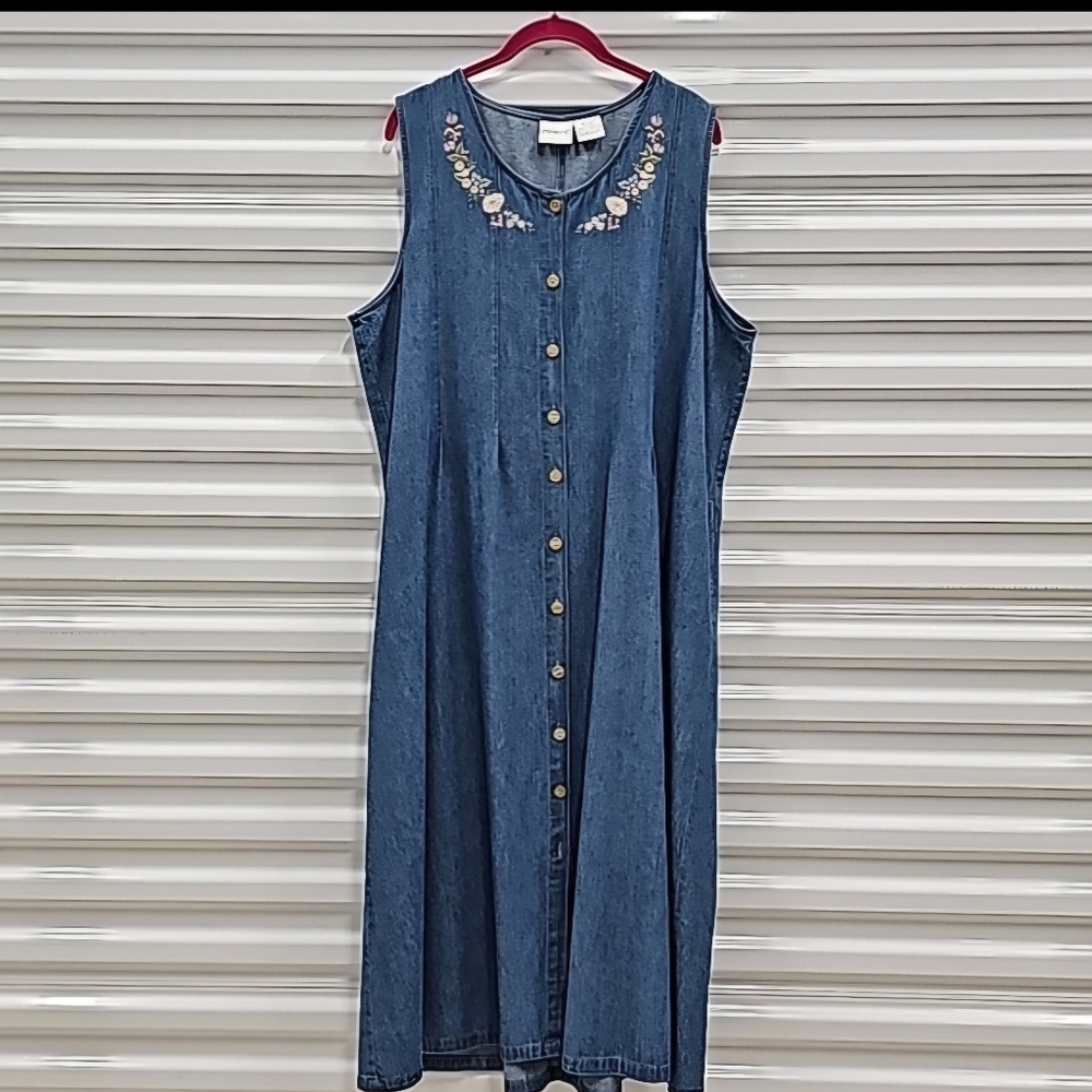 Stoneybrook * Maxi Denim Jumper Dress * Embroidered Flowers * Size XLP * Vintage